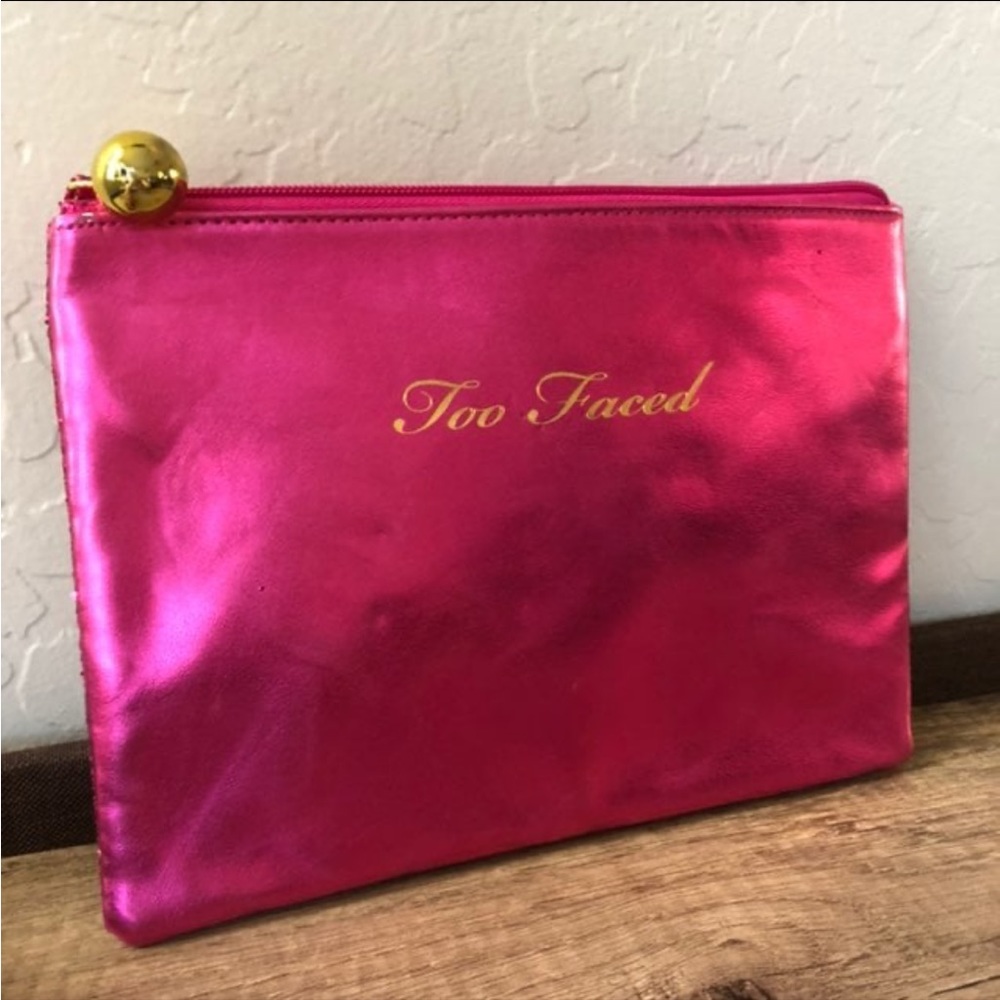 Too faced pink glitter makeup bag